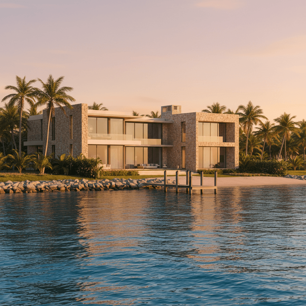 Waterfront mansion at sunset with private dock