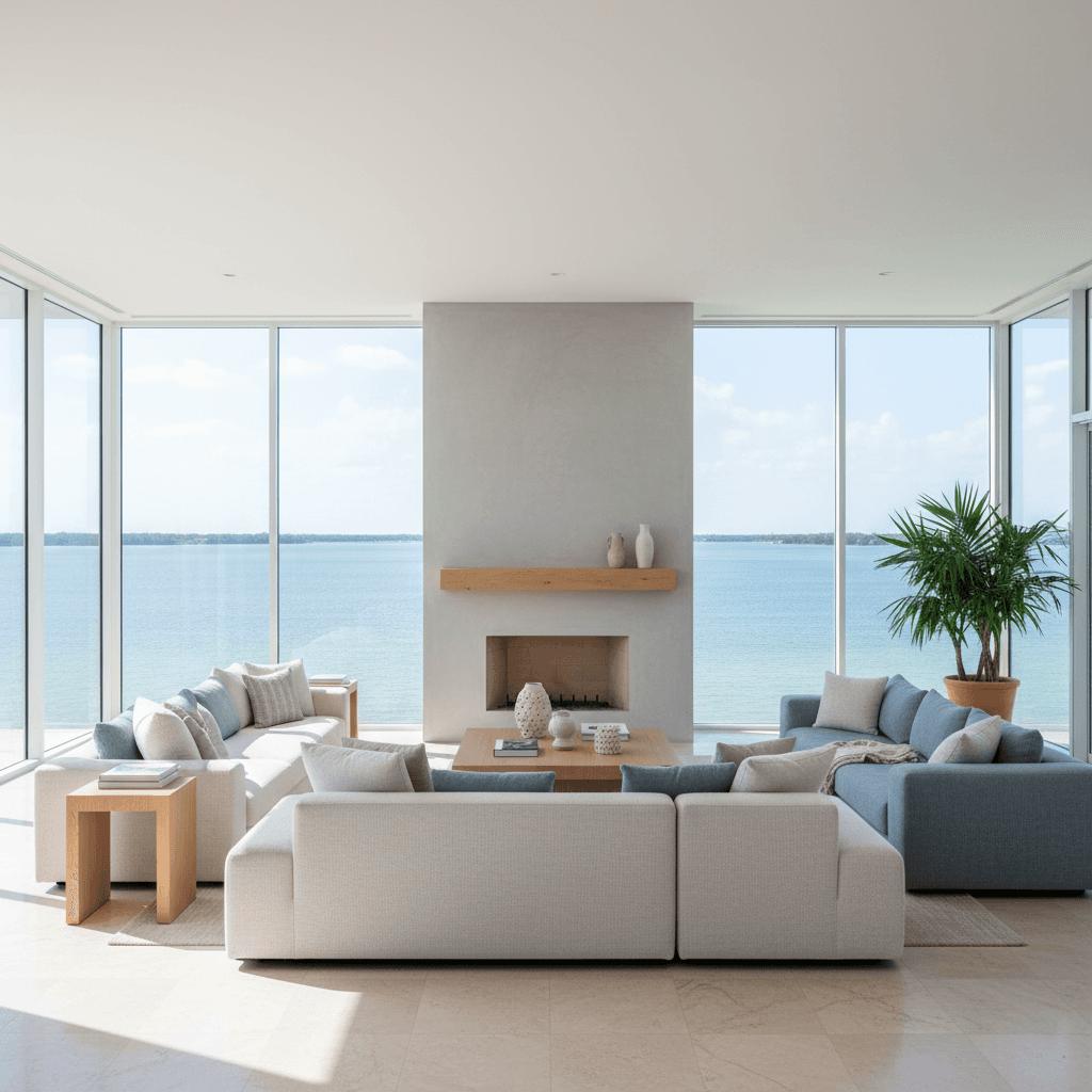 Open living room with bay views and natural light