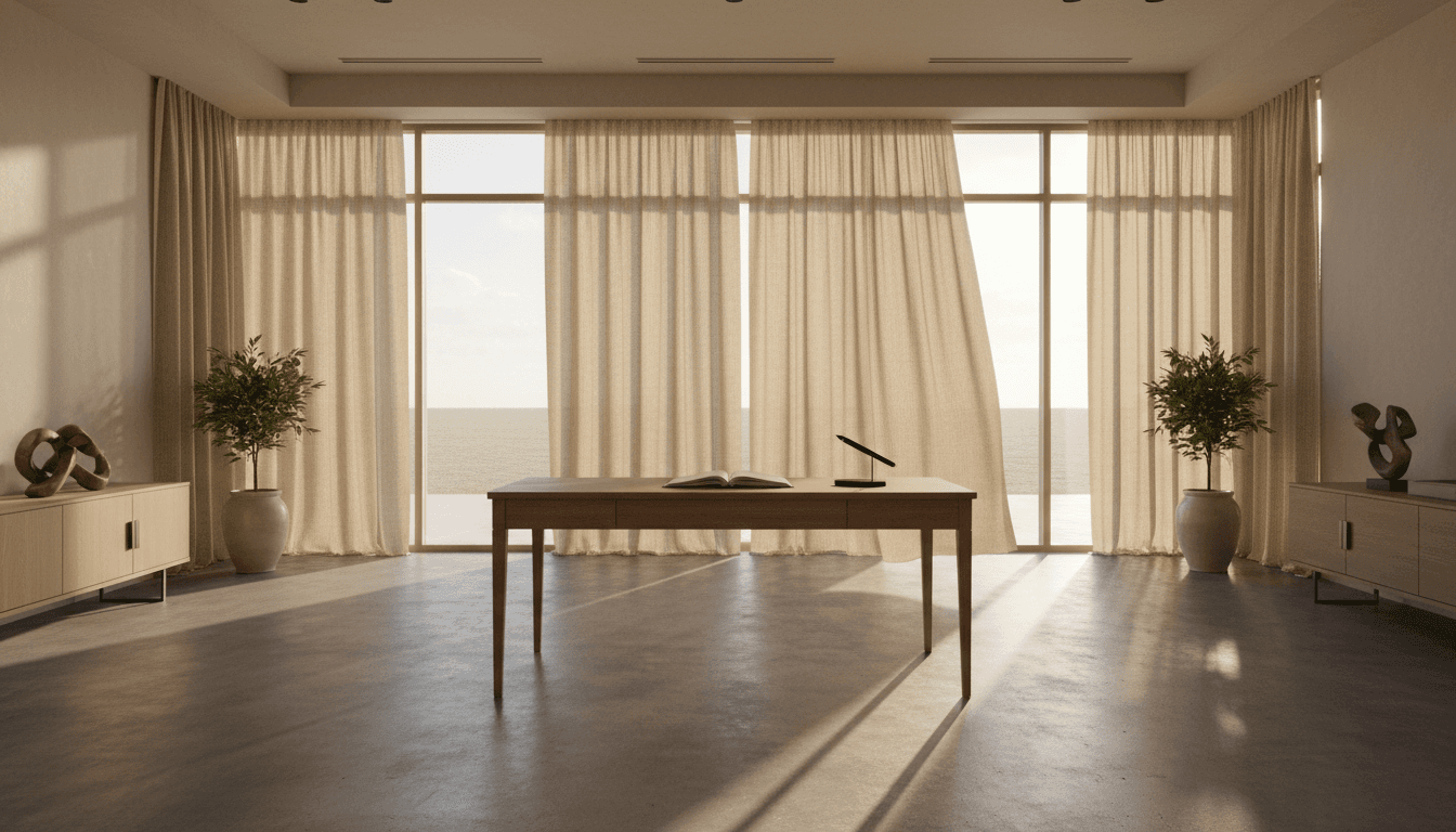 Empty luxury real estate office with natural light and a desk with a notebook
