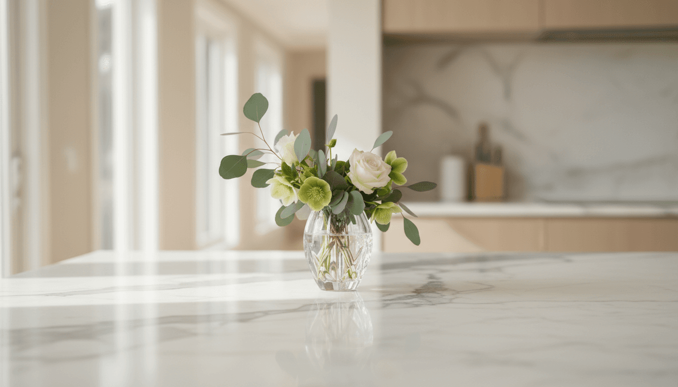 Luxury kitchen marble countertop detail with flowers