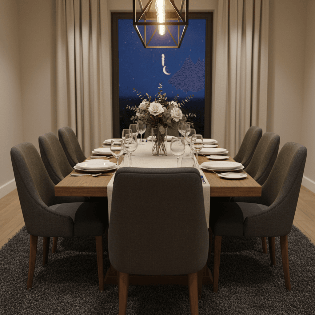 Formal dining room set with crystal glassware