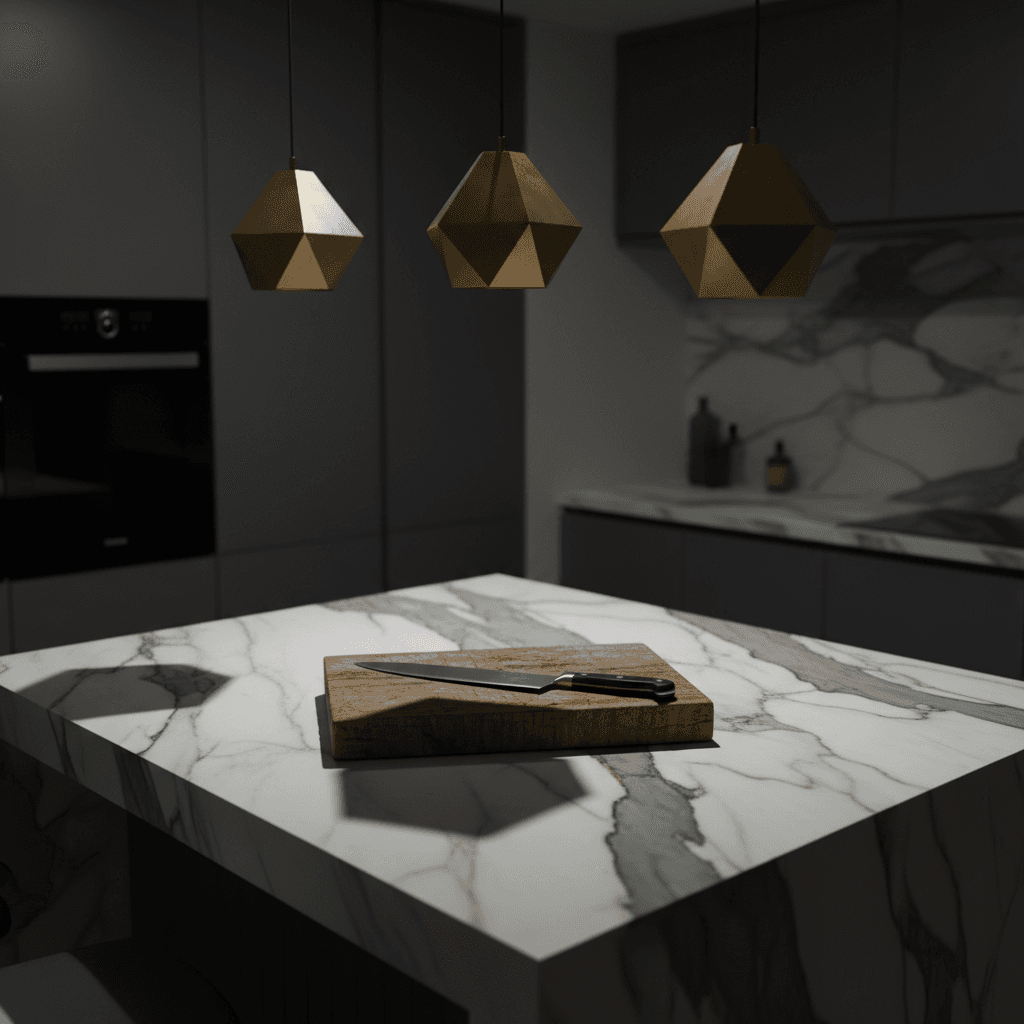 Marble kitchen island with brass pendant lights